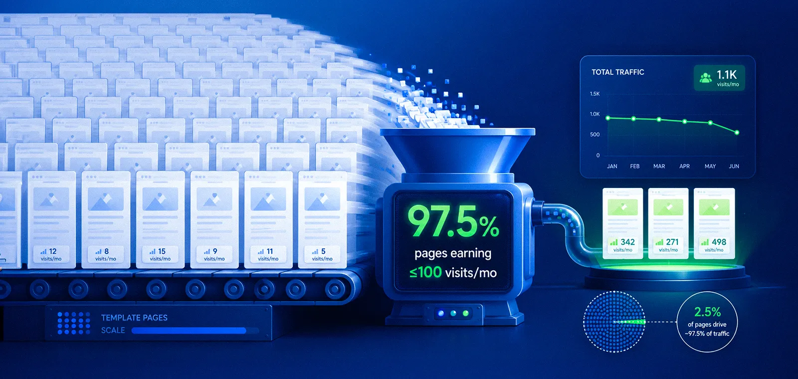 Programmatic SEO Is Mostly Dead Weight: 97% of Template Pages Earn 100 Visits or Fewer