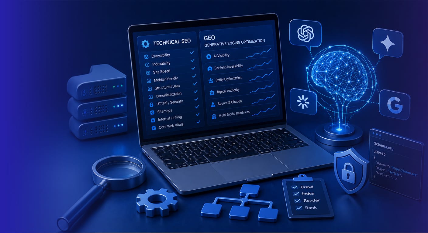 Technical SEO and GEO architecture diagram for AI-era search